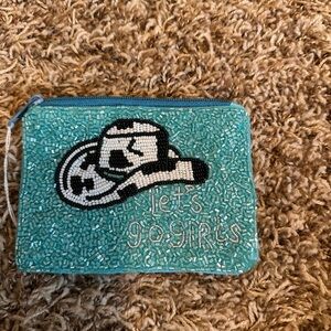 Let's Go Girls Turquoise Seed Bead Coin Purse Zipper Bag- New